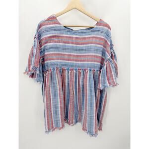Free People Dress Women SMALL Blue Red White Striped Summer Nights Babydoll Mini